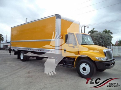 Box truck 2019 International Durastar 4300 side view showing yellow cargo box and cab with stock number T85260.