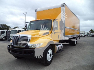 2019 International Durastar 4300 box truck in yellow with large box cargo area, front grille and headlights visible.