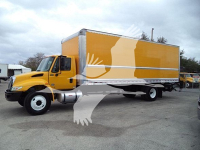 Box truck with yellow cab and large bright yellow cargo box, side view showing cargo area