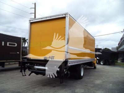 Box truck cargo truck with yellow box, side view, rear lift, International Durastar 4300 style. Text not legible.
