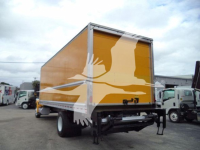 2019 International Durastar 4300 box truck rear view showing yellow cargo box and liftgate.