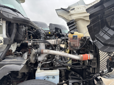 Truck engine bay of a 2019 International LT with various hoses, reservoirs, and components visible; includes coolant reservoir, power steering lines, and brake system area.