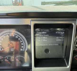 Dashboard display showing mileage and engine hours on a 2020 Mack Anthem instrument cluster, with total miles 475,374.9 and engine hours 62,748.3; Trip 1 22,682.7 miles; chassis ID M742014603.