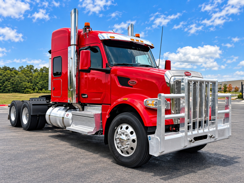 Red Peterbilt semi truck with chrome grille guard, large exhaust stacks, and dual rear wheels, front view in a parking lot.