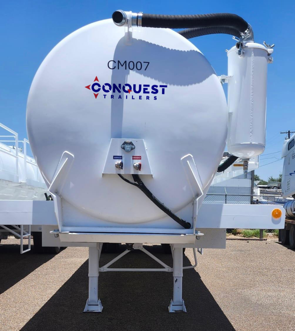 Conquest Trailers vacuum tanker with 130BBL tank showing Conquest logo and hoses, front view, white steel tank on trailer frame.