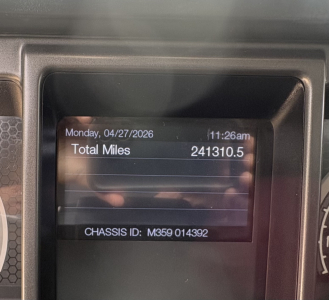 Dashboard display showing total miles 241310.5 on Monday 04/27/2026 with chassis ID M359014392.