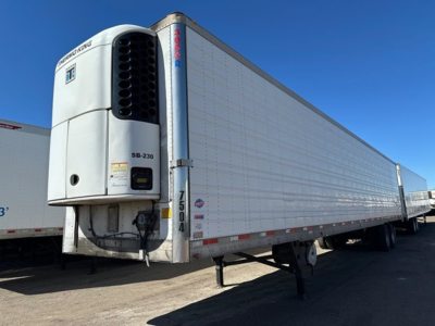 Trailer front left: 2013 Utility 3000R refrigerated trailer with Thermo King SB-230 unit showing vents and front curves; dock wheel and landing gear visible.