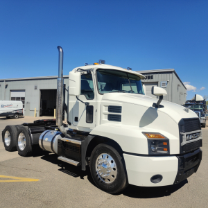 White 2019 Mack Anthem daycab truck side view showing exhaust stack and chrome wheels.