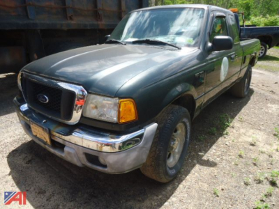 Ford Ranger pickup truck in view showing front and passenger side, green exterior, used 2005 model.
