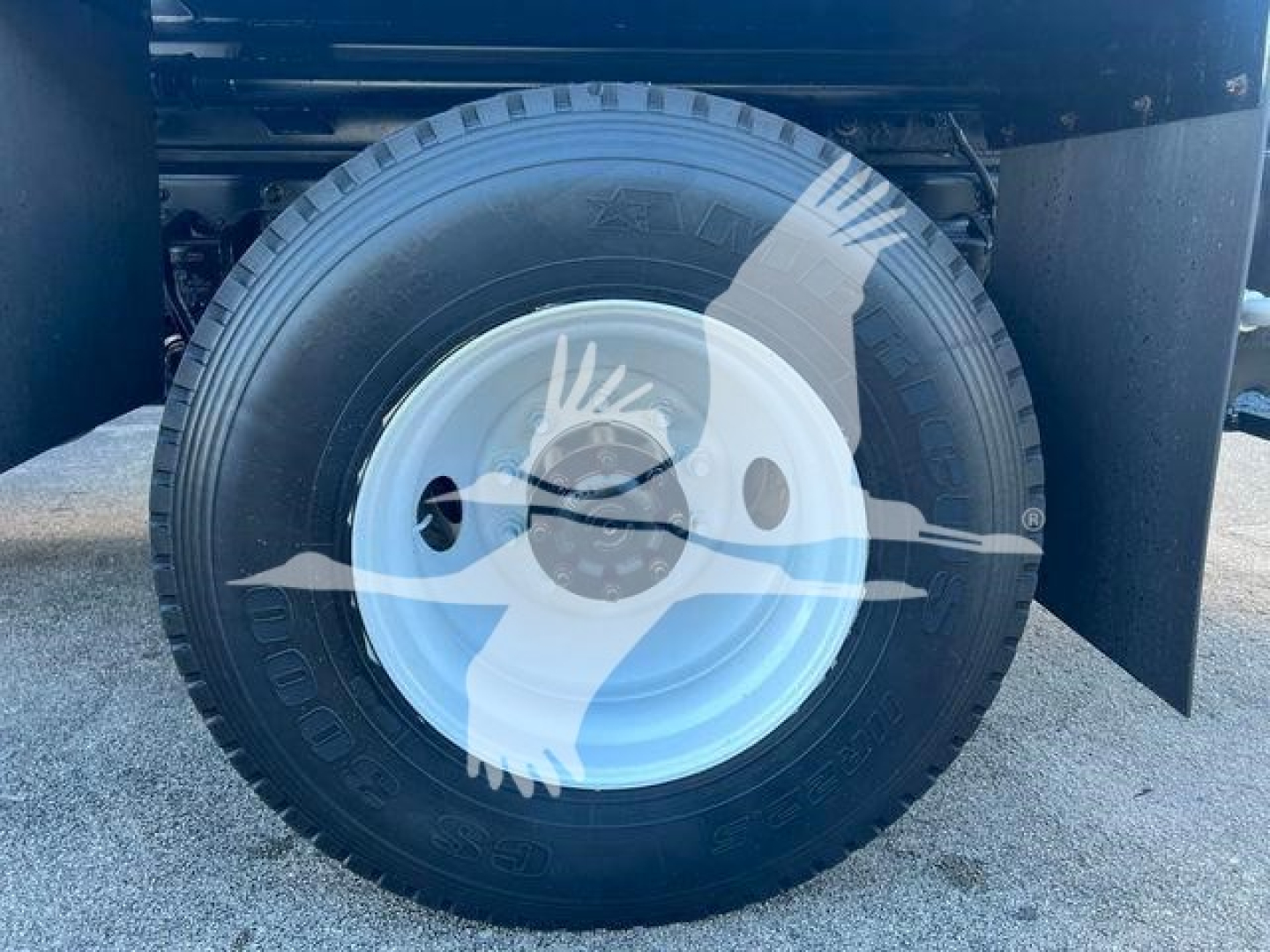 Wheel and tire assembly of a 2019 Hino 338 front wheel with white steel rim and black tire, visible fender and partial undercarriage.
