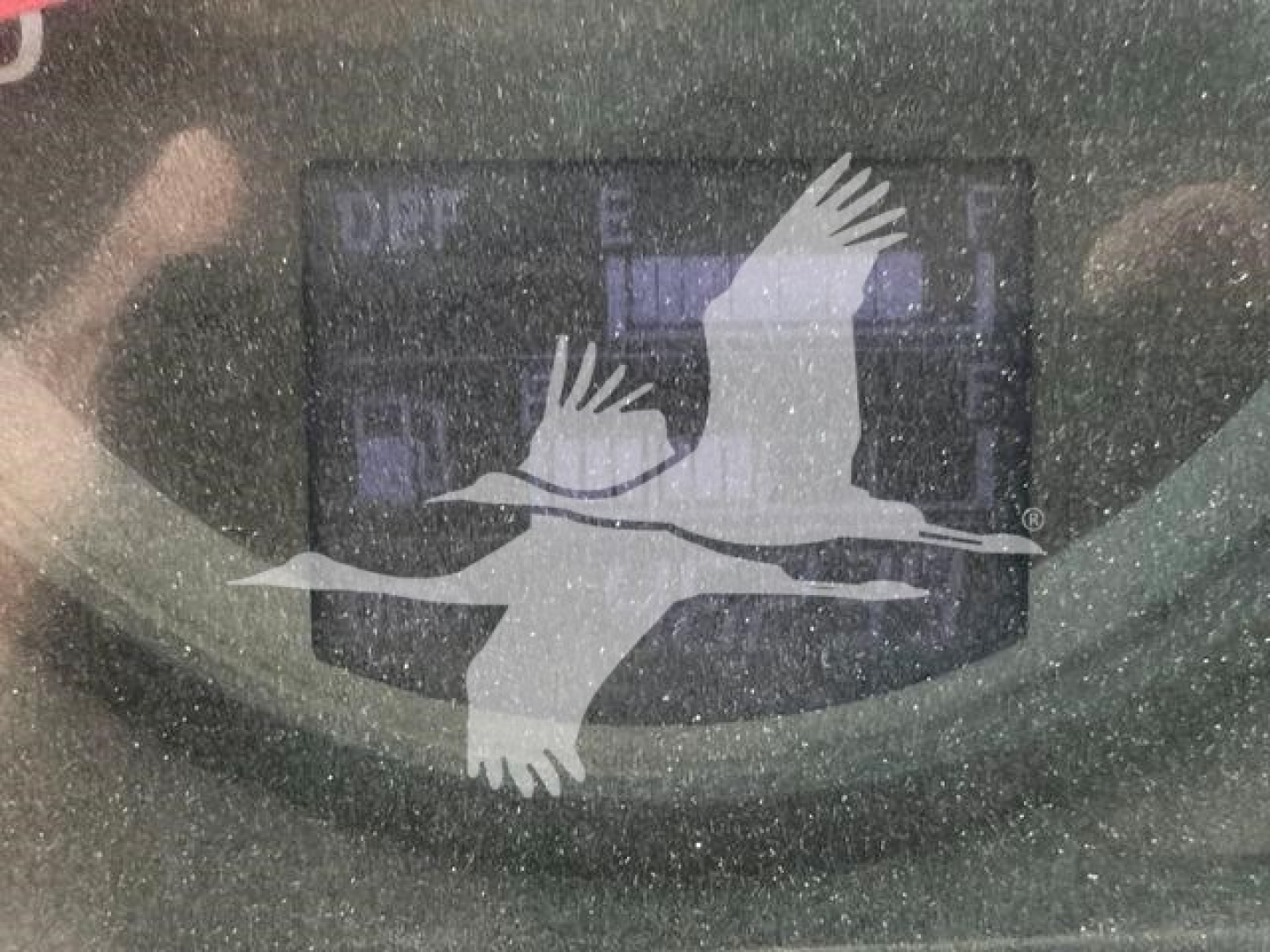Front view dashboard area showing partially visible instrument cluster and reflection of a crane or bird logo over the gauge cluster.