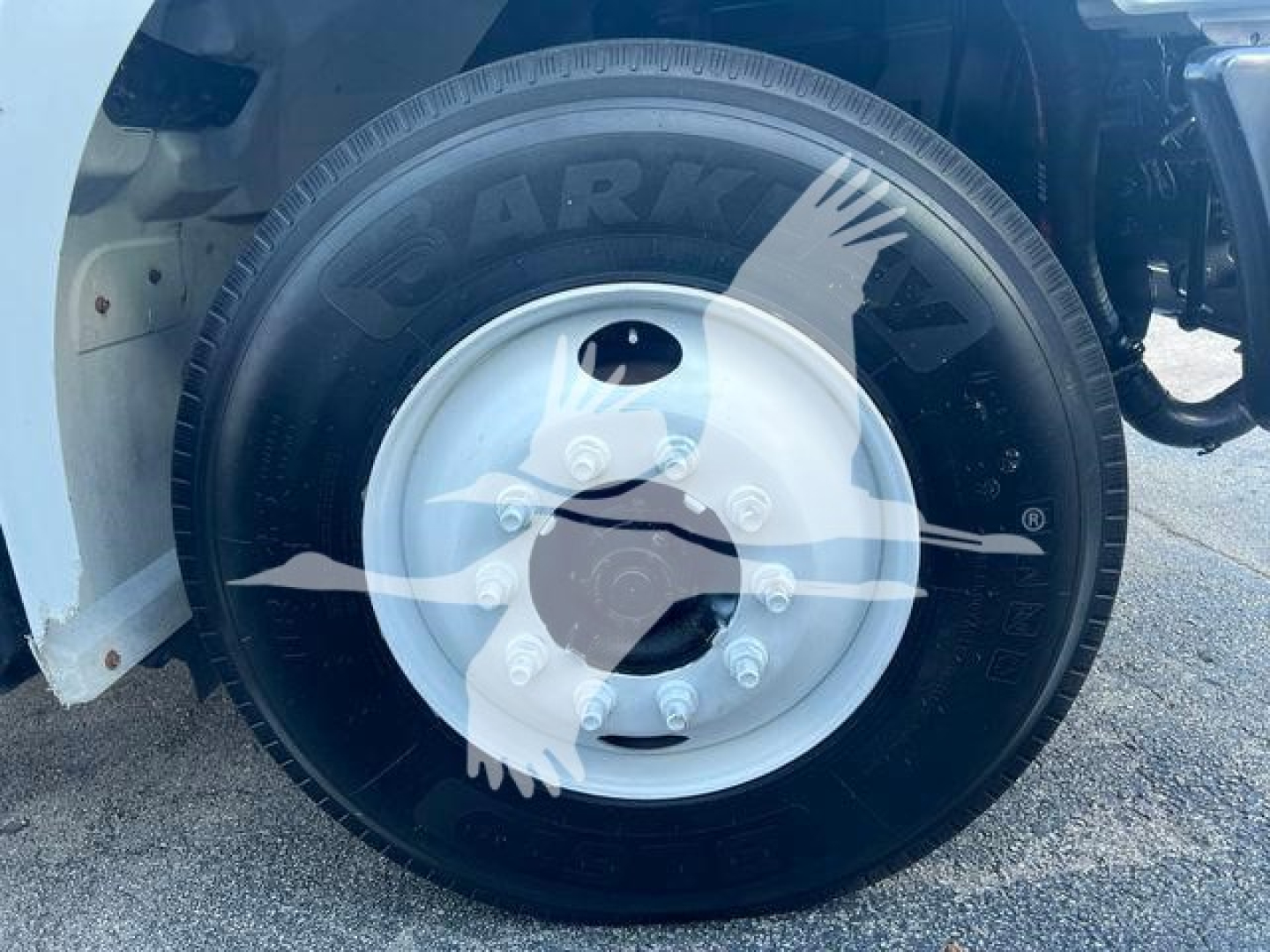 Wheel and tire of a 2019 Hino 338 truck showing a Goodyear tire and steel rim with lug nuts.