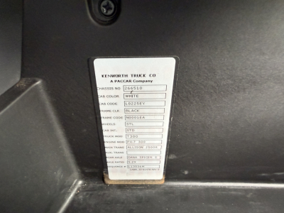 Kenworth truck label with chassis, color, and model codes; text includes WHITE, BLACK, T380, ALLISON 2500, and other specs.