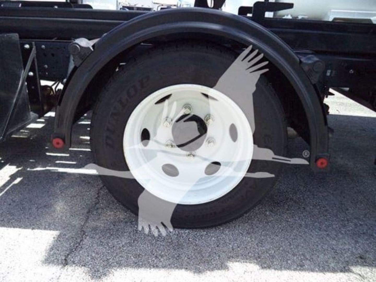 Isuzu NPR HD truck rear wheel/view showing single white steel rim and black tire.