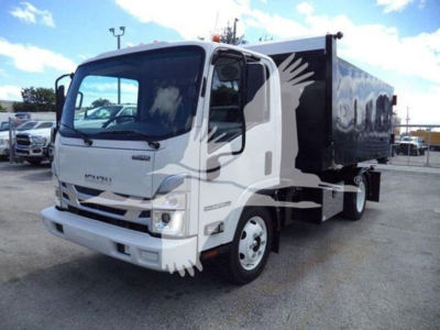 Isuzu NPR HD truck with a black hooklift container, side graphic in white, front view showing cab and mirrors.