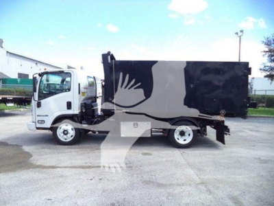 Isuzu NPR-HD hooklift truck in profile showing cargo body and cab; no legible labels visible.