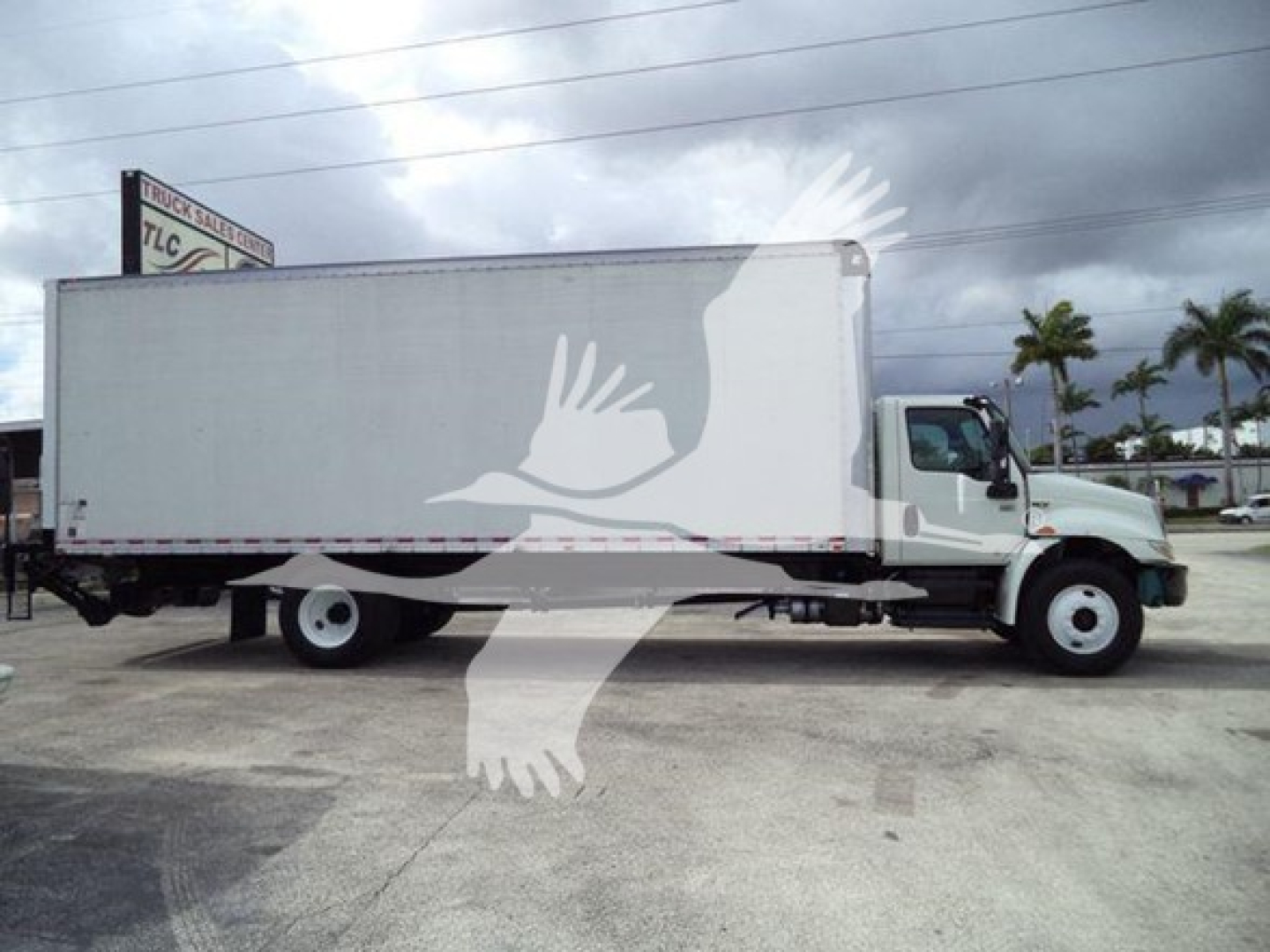 Used 2020 International MV box truck side view showing cargo box, cab, and wheels.