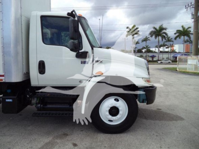 Drive side view of a 2020 International MV box truck showing front wheel, cab, and cargo box with stock number T29270.