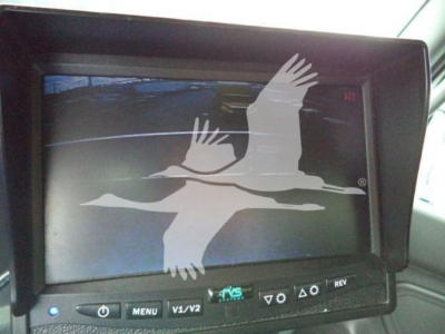 In-vehicle monitor displaying a logo of a bird in flight overlaying a landscape, with control buttons below the screen.