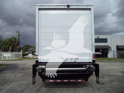 Truck rear view showing large winged bird graphic on the back doors. Trailer body with hydraulic lift under the cargo area and reflective safety strip at bottom.
