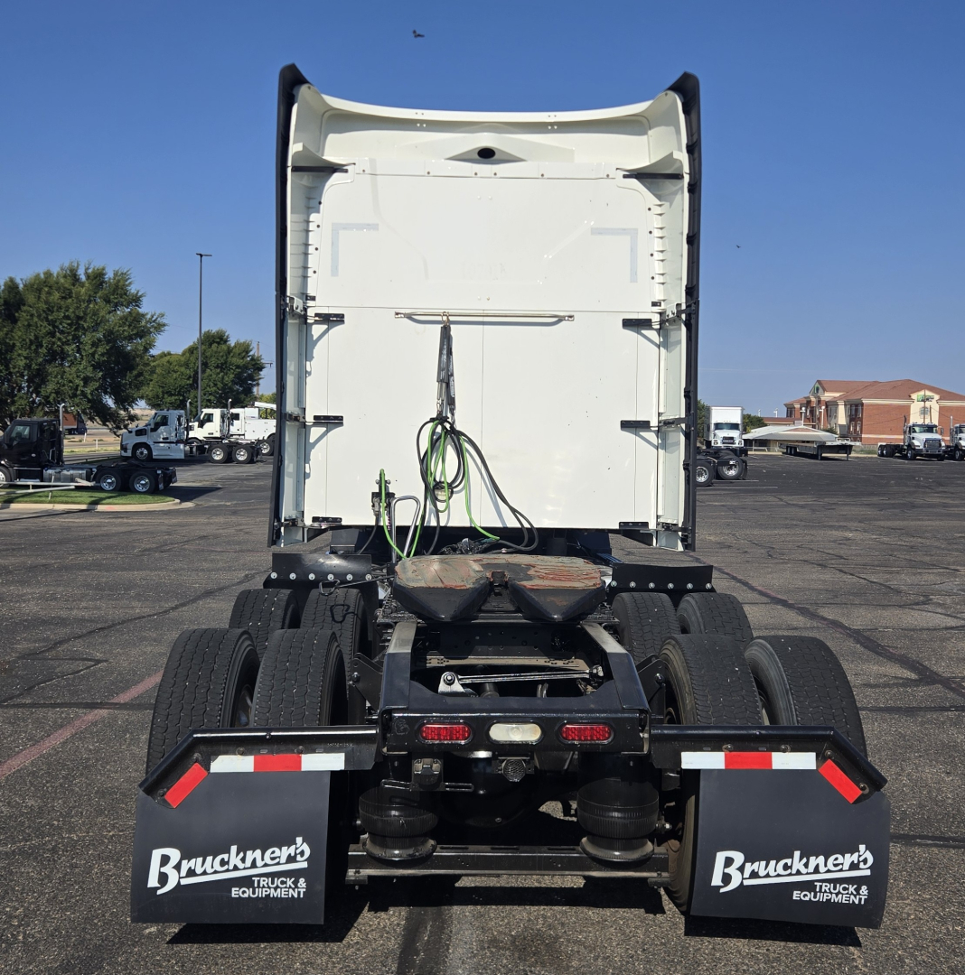 Rear view of a 2020 Mack Anthem conventional sleeper truck tractor with fifth wheel, dual rear axles, and Bruckner’s mudflaps. VIN 1M1AN4GY4LM010780, stock B3811P.