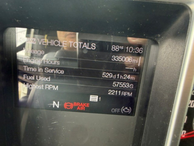 Truck instrument display showing VEHICLE TOTALS, mileage 335006 mi, engine hours 529 d 1 h 24 m, highest RPM 2211 RPM, temperature 88°F, time 10:36, brake status indicator.