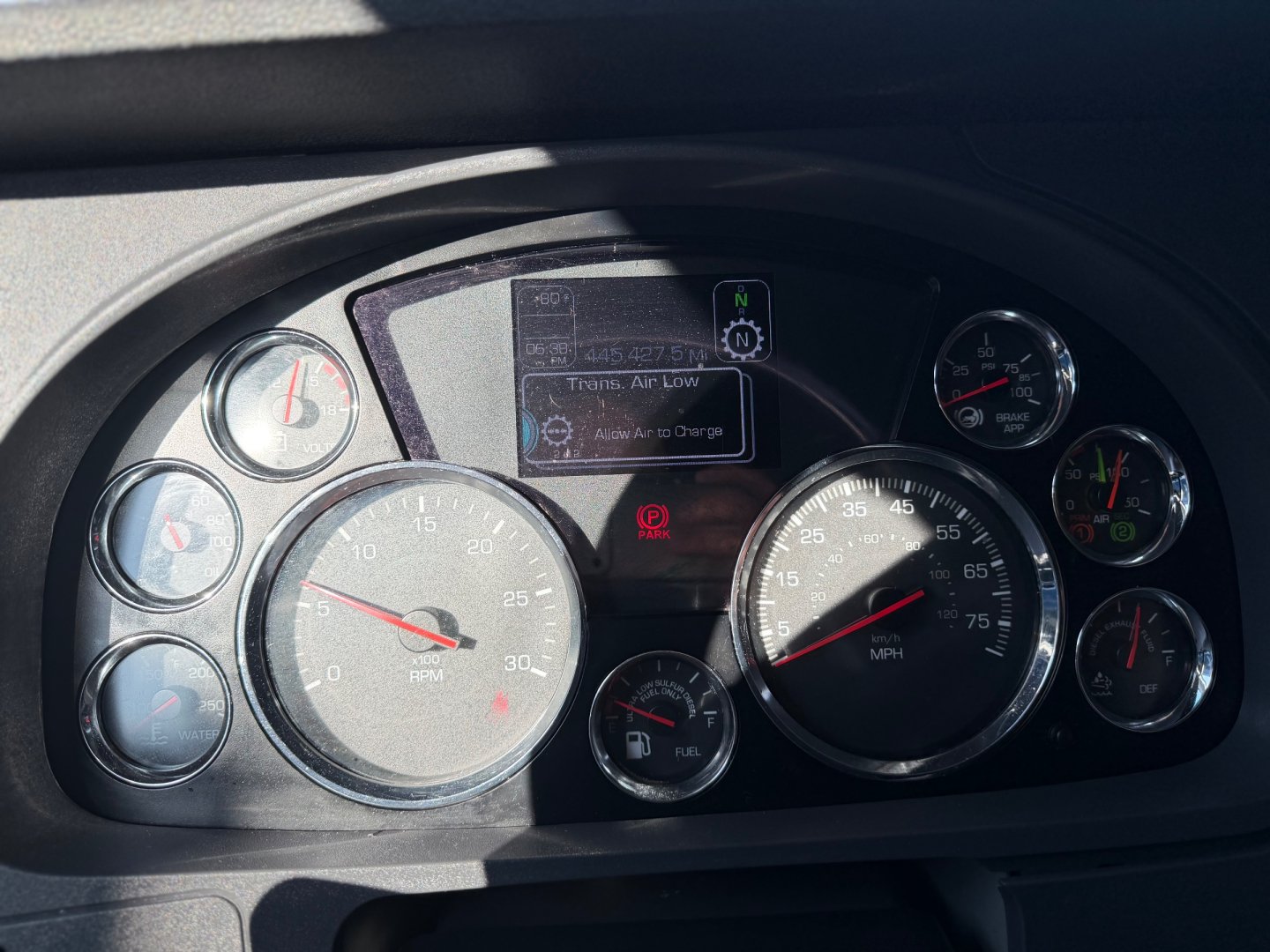 Kenworth T680 dash panel with multiple gauges and digital display showing neutral, engine status, and message; circular speedometer and tachometer with other smaller gauges.