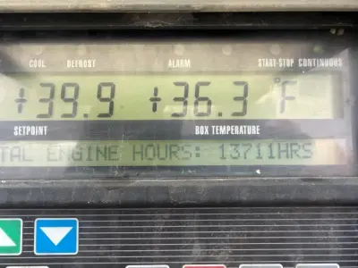 Great Dane Everest multi-temp refrigerated trailer control panel showing display readings: 39.9; 136.3; Setpoint 139? The top row shows COOL, DEFROST, ALARM, START-STOP CONTINUOUS. The bottom shows BOX TEMPERATURE. Engine hours display part