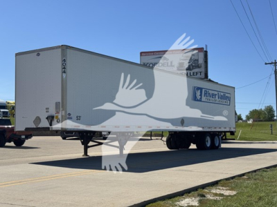 Trailer side view showing River Valley Trailers logo and rear door, with axle and dual wheels, 53' length, VIN tag visible.