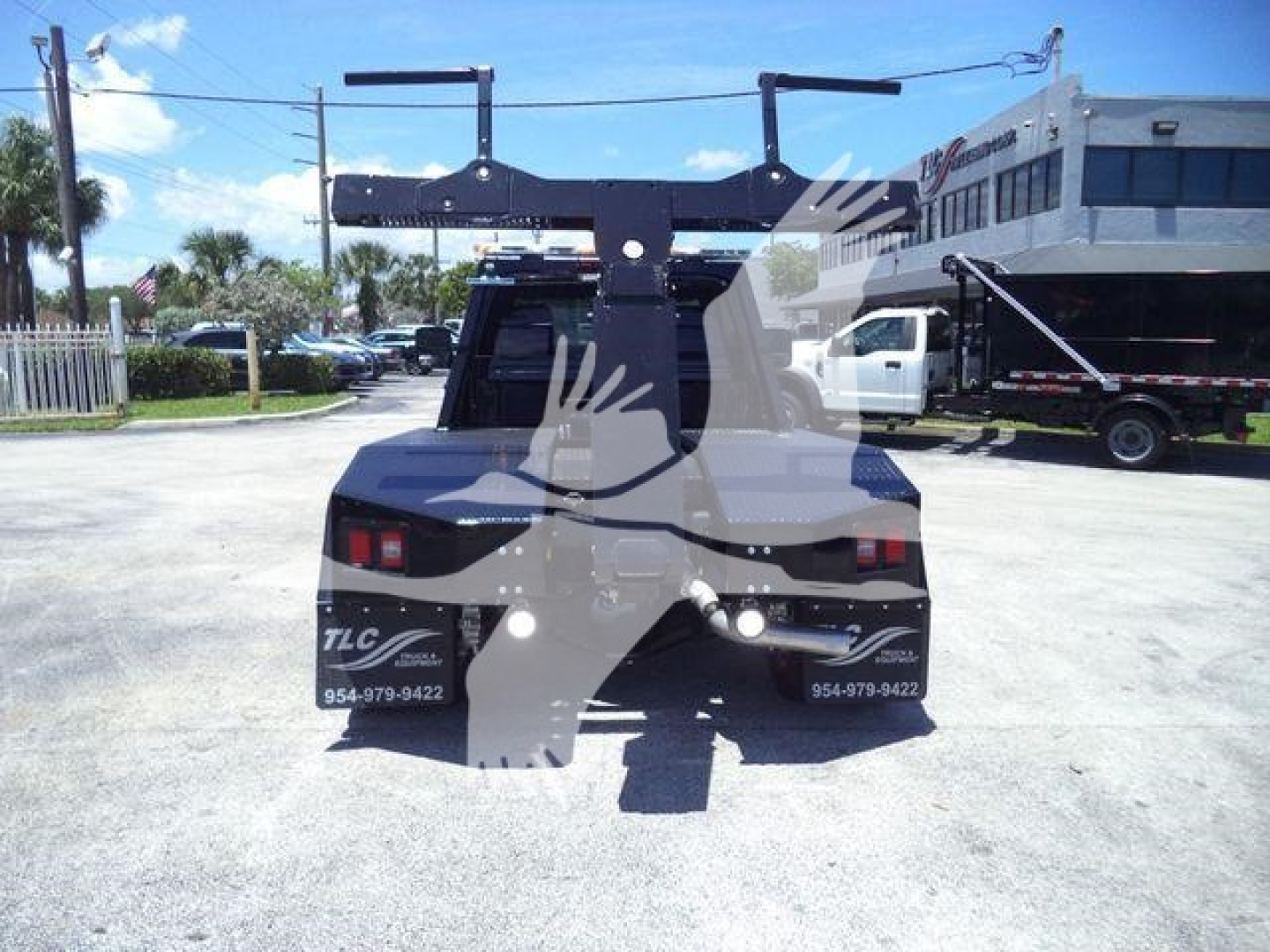 Ram 4500 winch truck rear view showing heavy-duty hitch and winch mounting frame with dual taillights.