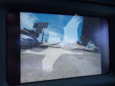 Vehicle display screen showing a parking lot with a white bird graphic overlay.
