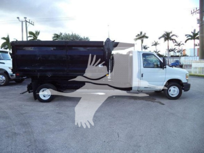 Ford E-450 dump truck side view showing cargo bed and white cab with black dump body.