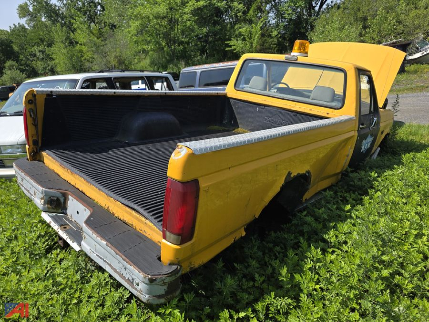 1993 Ford F-350 pickup truck with open bed in a field; yellow body, rear tailgate down, spare tail light, open hood and side step.