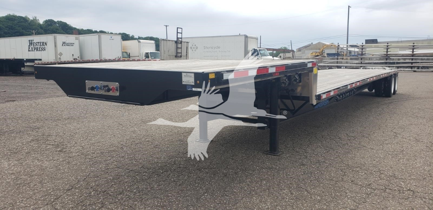 Flatbed trailer deck showing low-profile black gooseneck with red/white reflective tape and support legs, stock number 48-6201, used condition.