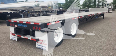 Wabash steel drop-closed tandem trailer showing rear and side; tilting tandem axles, black frame, red/white reflective tape, WABASH branding on rear; VIN tag visible