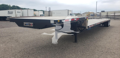 Flatbed trailer deck showing low-profile black gooseneck with red/white reflective tape and support legs, stock number 48-6201, used condition.