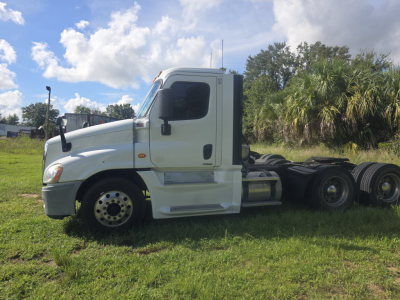 Truck cab side view of a white 2017 Freightliner Cascadia CA125DC day cab with chassis and dual rear axles, parked on grass.