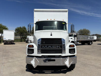 Front view of a white 2025 Mack MD7 box truck showing grille with MACK emblem, large bumper, and side mirrors.