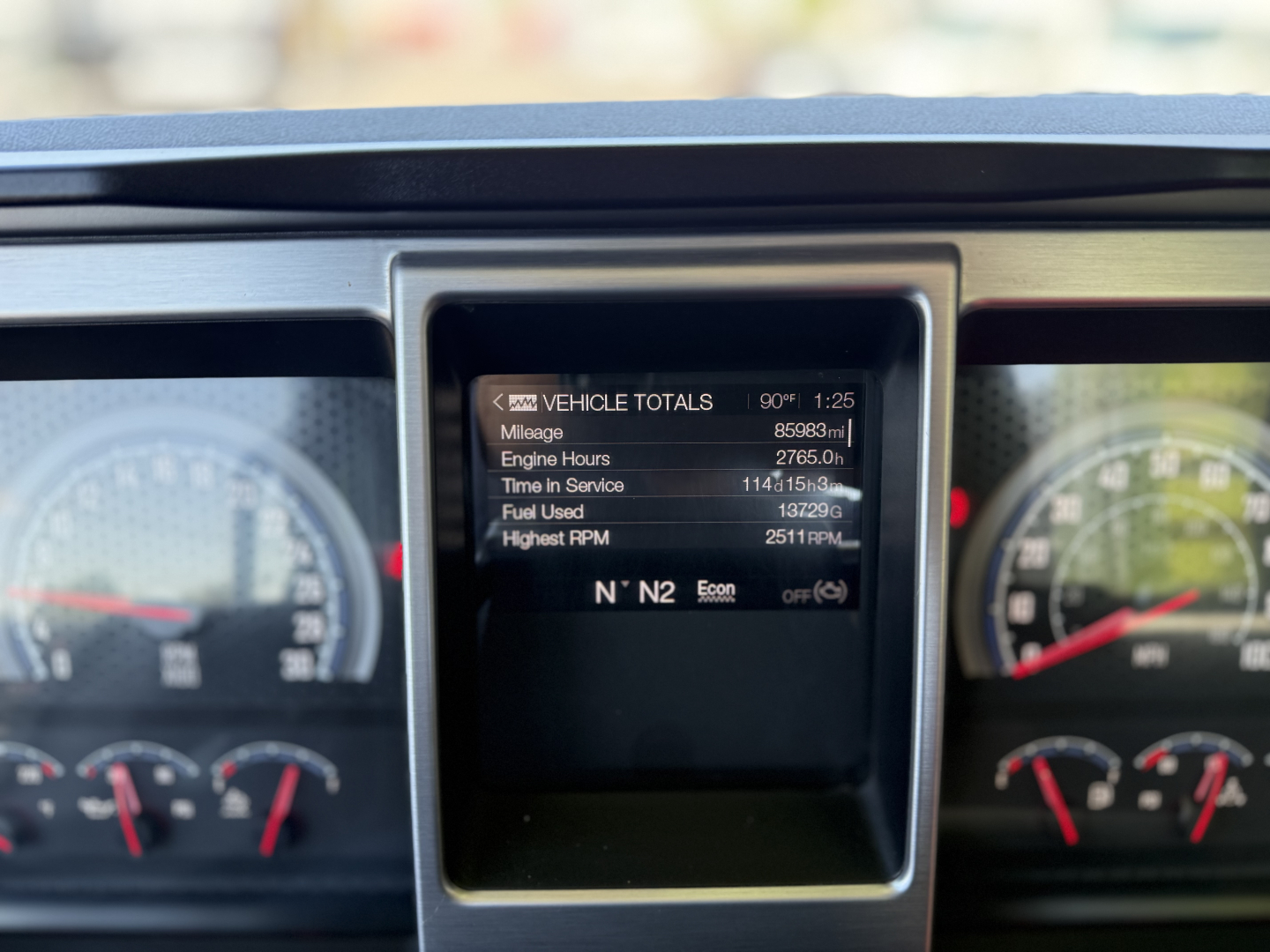 Mack AN64T truck dashboard cluster showing vehicle totals screen with mileage 85083 mi, engine hours 2785.0 h, time in service 1144 h 15 m, fuel used 13229 gal, highest RPM 2511 RPM.