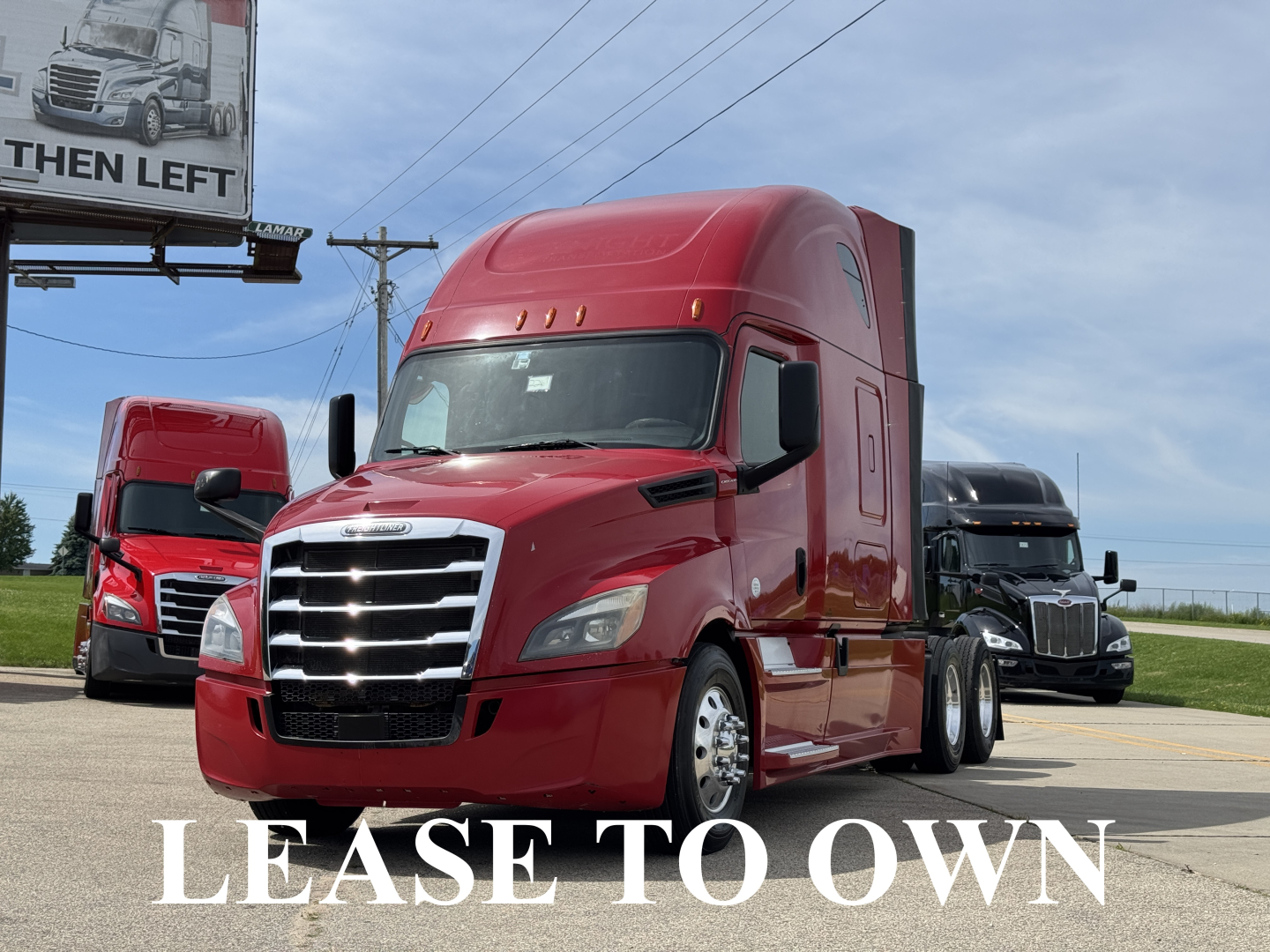 Freightliner Cascadia 126 sleeper cab truck in red, parked with other trucks in background, captioned ‘LEASE TO OWN’ across bottom.