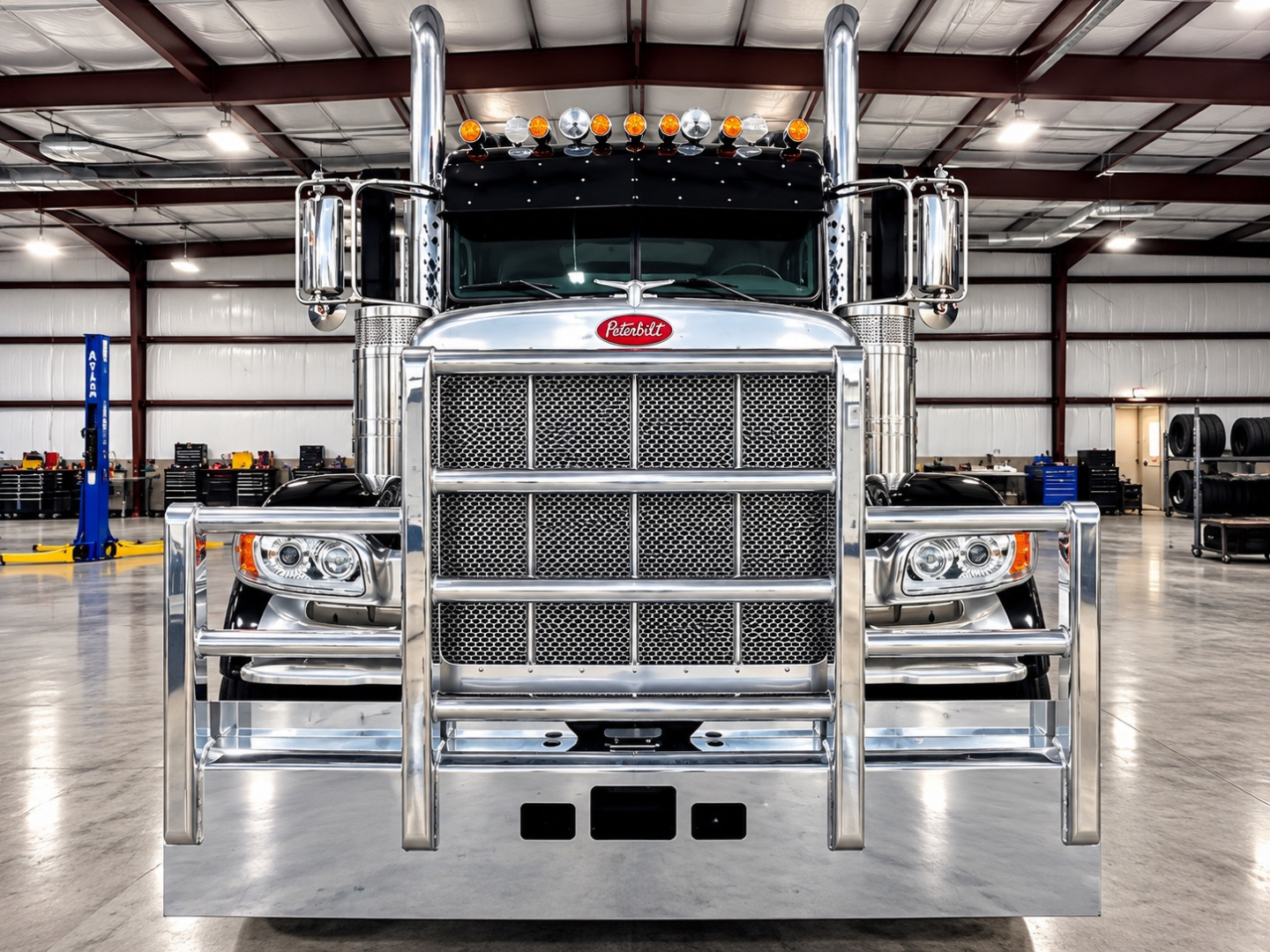 Peterbilt 389 truck front view in a showroom with chrome bumper, grille, and dual exhaust stacks visible.