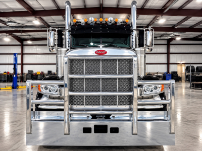 Peterbilt 389 truck front view in a showroom with chrome bumper, grille, and dual exhaust stacks visible.