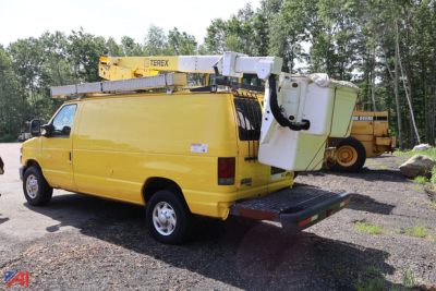 Ford E350 (2012) bucket truck van with Terex boom on bed, yellow body, rear platform visible