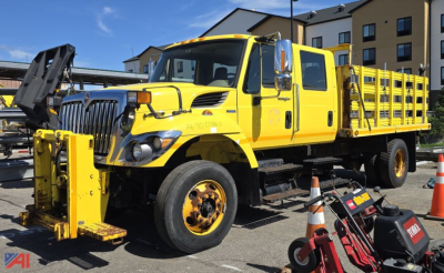 International WorkStar 7300 stake bed truck in yellow with front plow attachment and orange traffic cones nearby.
