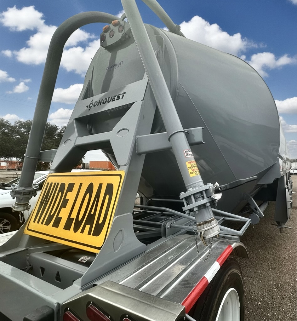 Conquest portable cement silo trailer with a large cylindrical hopper and loading chute, 'CONQUEST' branding, metal frame, and big 'WIDE LOAD' sign on rear.