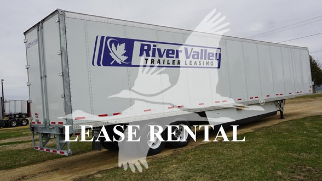 Trailer side view showing River Valley Trailer Leasing logo and leaser text on a Wabash Duraplate trailer.