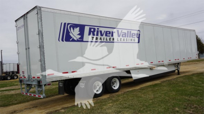 Trailer side view showing River Valley Trailer Leasing logo on a 2023 Wabash Duraplate trailer with dual rear axles.