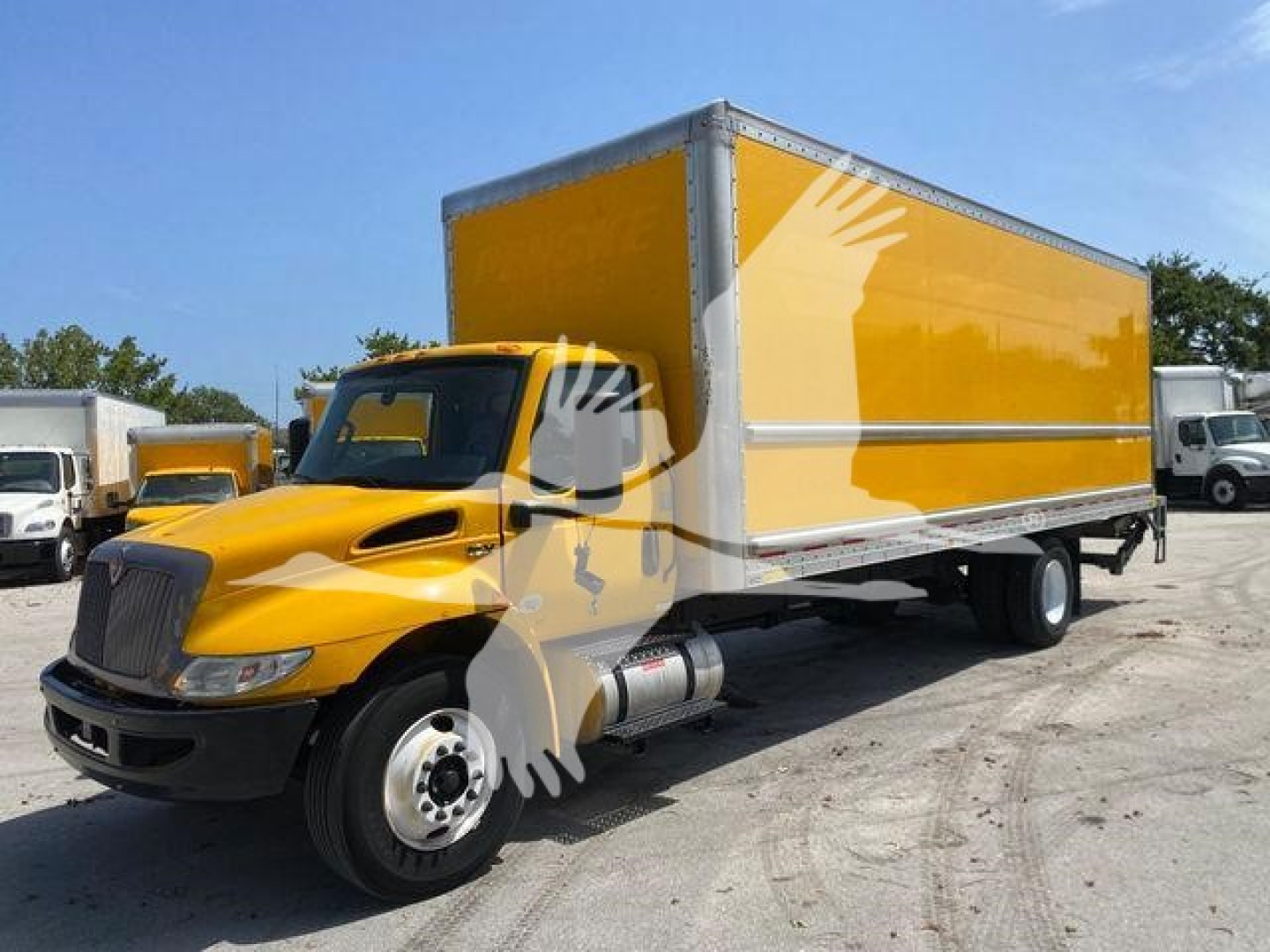 Box truck showing bright yellow International MV with a large rectangular cargo box and black cab; side view with front wheel and dual rear wheels.