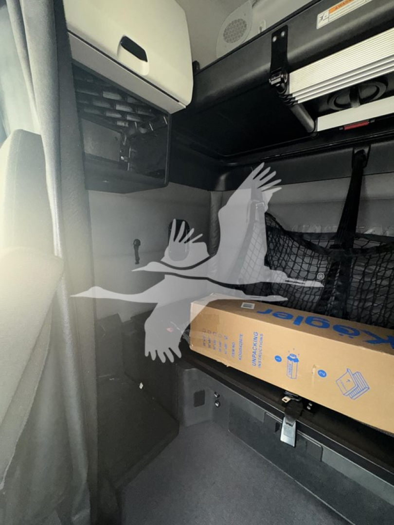 Cab interior of a Freightliner Cascadia sleeper showing storage shelf with a long cardboard box and a net pocket, overhead panels, and a vertical storage compartment.
