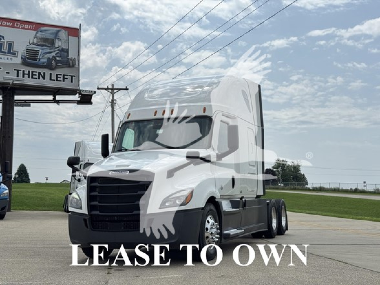 Freightliner Cascadia 126 sleeper cab truck front view with 'LEASE TO OWN' overlay text.